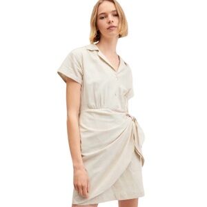 NWT MNG Linen Blend Faux Wrap Short Sleeve Safari Dress Women’s SZ 8 in Beige